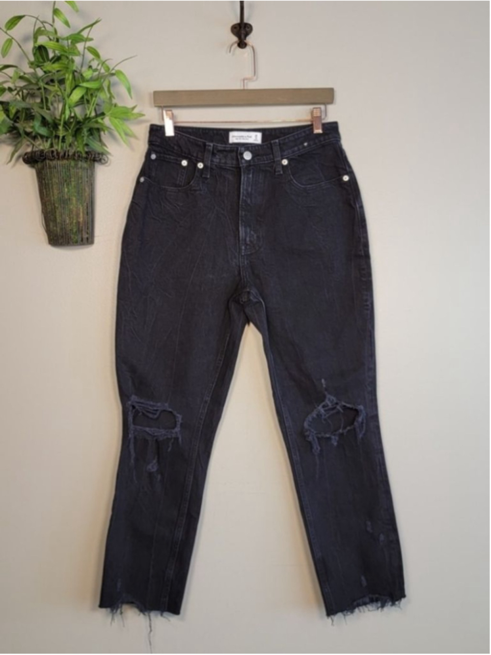 AF 6 Abercrombie & Fitch High Rise Mom Jeans Curve Love Distressed Black Frayed